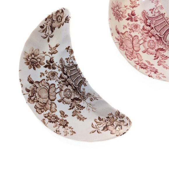 Vintage Crown Devon Staffordshire England Crescent Dishes Brown Red Floral China - Picture 2 of 5